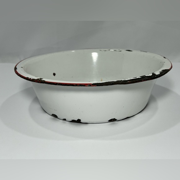 Porcelain Enamelware White Red Rim Farmhouse Bowl Basin Pan Dish MCM Vintage - Picture 6 of 12